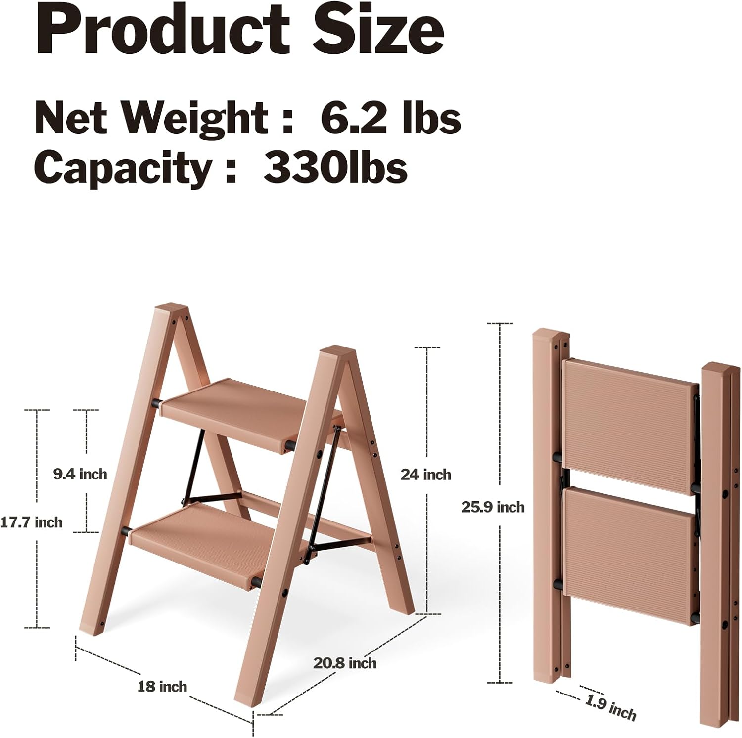 2 Step Ladder, Aluminum Lightweight Folding 2 Step Stool with Anti-Slip Wide Pedal,330lbs Capacity Steel Ladder for Household and Office(Light Peach Pink)