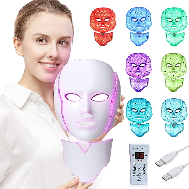 LED Face Mâsk Light Therapy | 7 Color Skin Rejuvenation Therapy LED Photon Mâsk Light Facial Skin Care Anti Aging Skin Tightening Wrinkles Toning Mâsk (For face & neck).