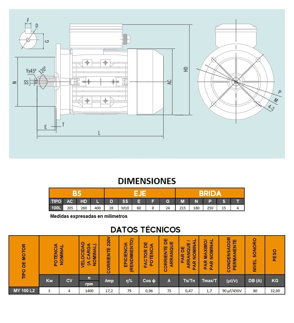 MOTOR ELECTRICO CEMER MONOFASICO 1500 RPM 230V 3KW / 4CV TAMAÑO 100L Ø DEL EJE 28mm BRIDA B5 250mm ARRANQUE MEDIO