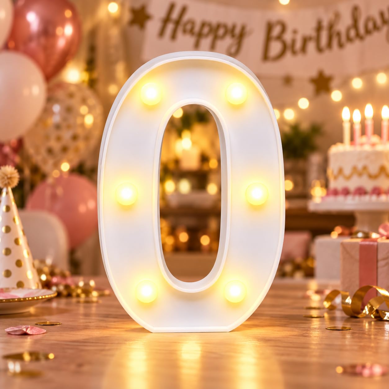 Light Up Number 0 for Birthday Decorations, Warm White LED Number Light