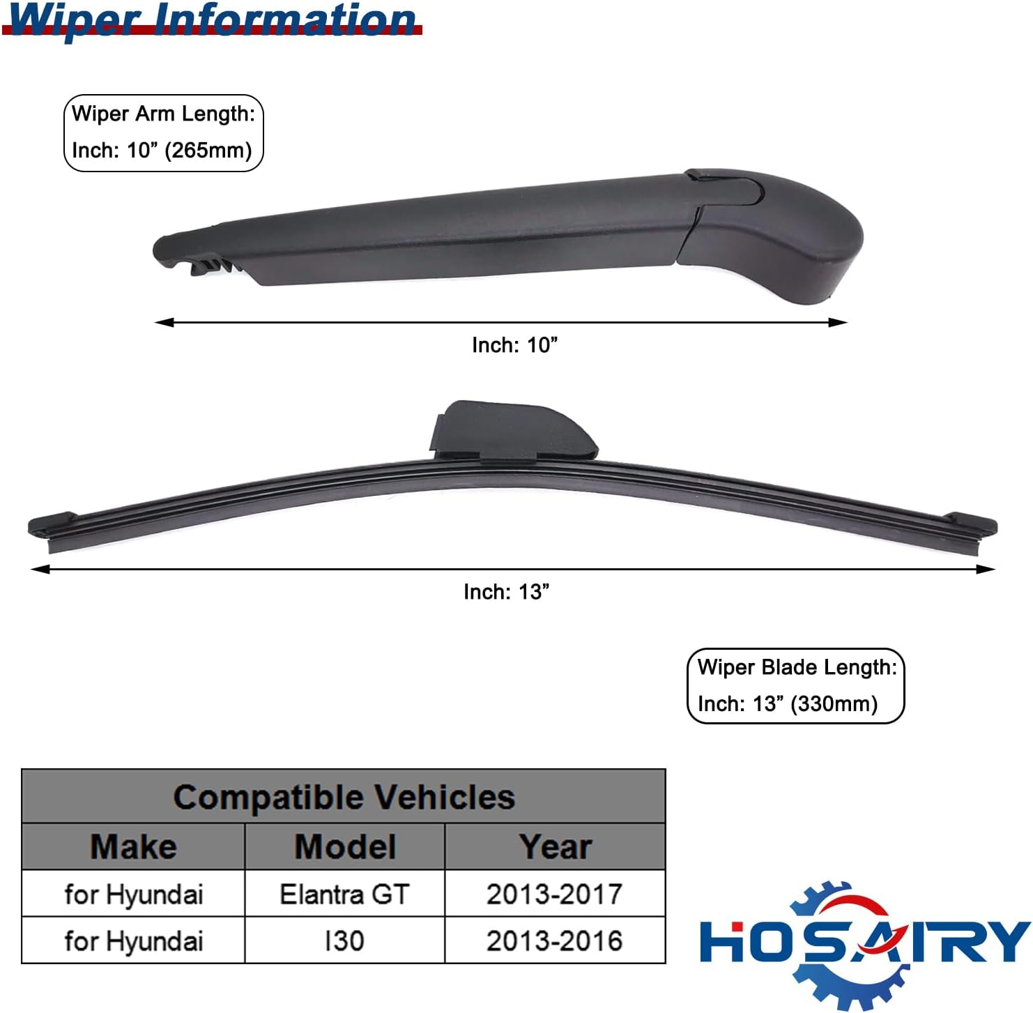 Rear Wiper Arm Blade Set for Hyundai Elantra GT 2013-2017, for Hyundai I30 2013-2016 Rear Windshield Wiper Arm Blade Assembly 98850 A5000 98811A5000
