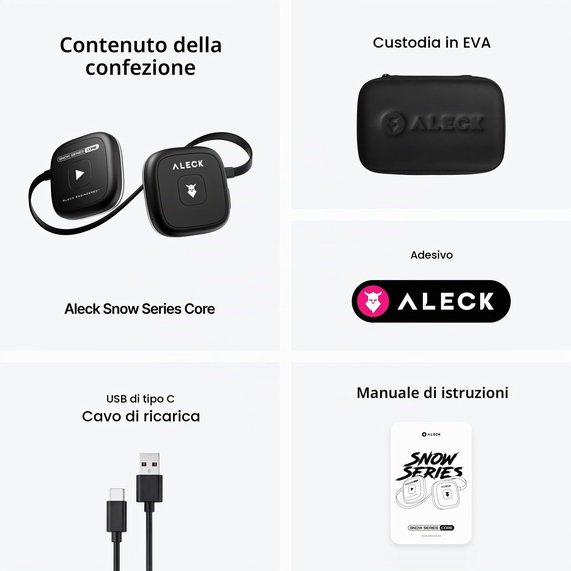 ALECK Snow Series Core - Altoparlanti Bluetooth universali senza fili per sci e snowboard, caschi audio-ready, controlli adatti ai guanti, microfono per chiamate in vivavoce