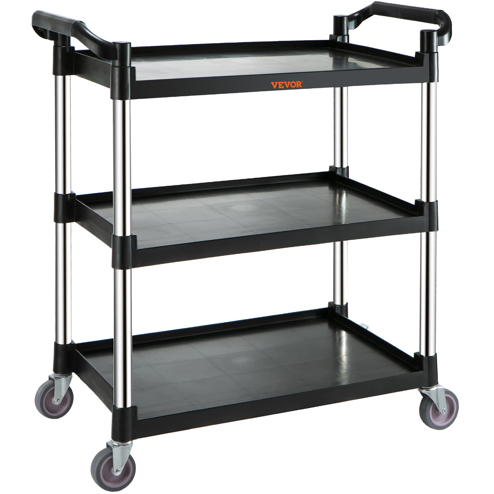 VEVOR Utility Service Cart 3 Tier Heavy Duty 152lb Foodservice Cart Rolling Utility Cart with Lockable Wheels 32.7" x 15.7" x 37.4" Plastic Utility Cart Kitchen Office Restaurant Home Black
