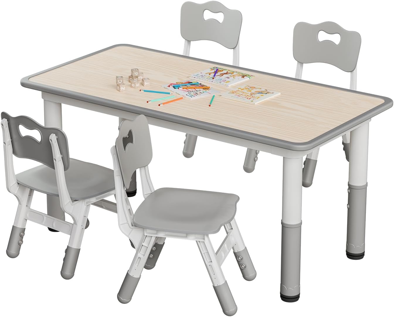 Adjustable Kids 48 Inch Table and 4 Chairs Set, Kid Table and Chairs Set, Toddler Table and Chair Set, Multi-Activity Table, Graffiti Desktop, Home, Classroom, Daycare, Gray