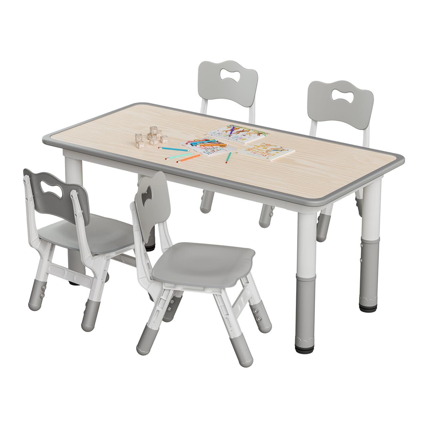 Adjustable Kids 48 Inch Table and 4 Chairs Set, Kid Table and Chairs Set, Toddler Table and Chair Set, Multi-Activity Table, Graffiti Desktop, Home, Classroom, Daycare, Gray