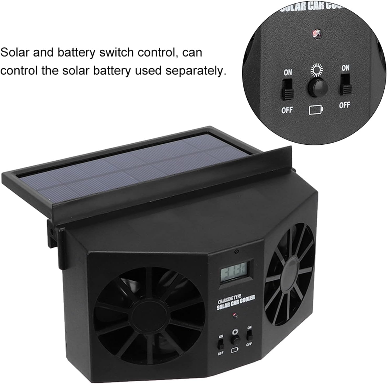 Restokki Portable Rechargeable Solar Car Cooler, Mini Car Solar Fan, Automobile Air Vent Ventilator, ABS Car Cooling Fan Black with Temperature Display