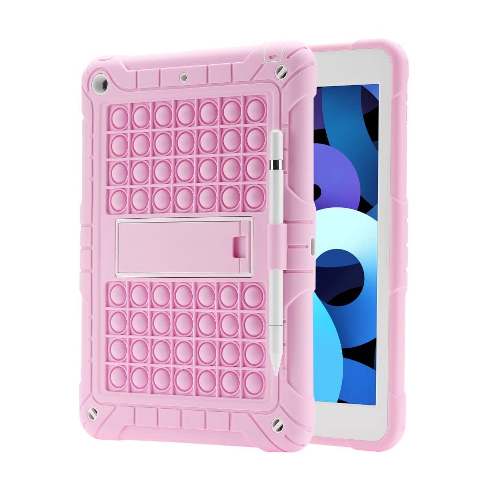 3LTF 3in1 pop it iPad case super protective silicon shockproof children kids iPad air case 10.2-inch push bubble Sensory fidget iPad cover - microfiber cleaning cloth (Pink)
