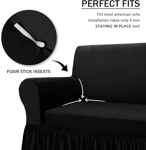 Miniatura 8 de NICEEC Funda para sofá biplaza, súper suave, 1 pieza, color negro, elástica, universal, de elastano, para sala de estar, fácil ajuste, lavable,
