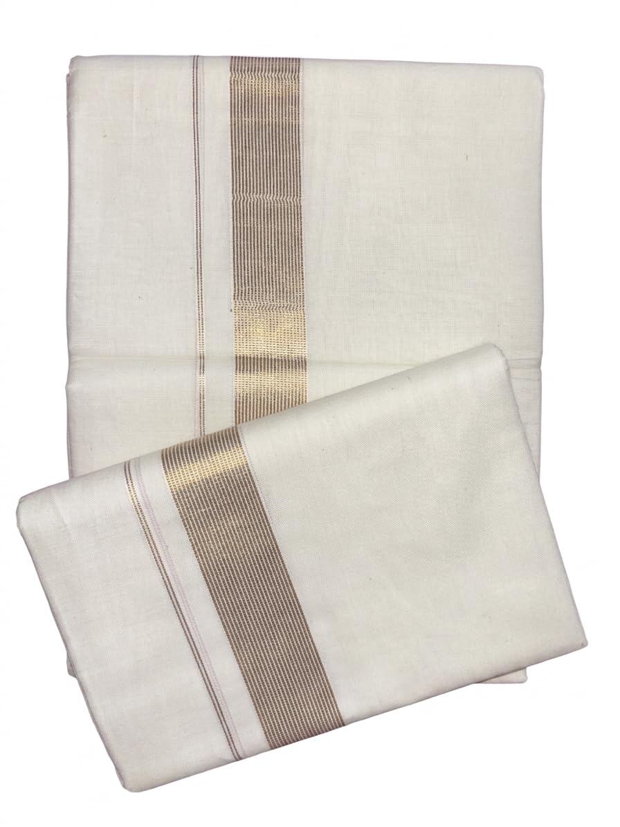 Kerala Kasavu Premium Wedding Dhoti, Pure Cotton, White with Gold Zari Border, 4 Meter Double Length - Full dot-picture-33