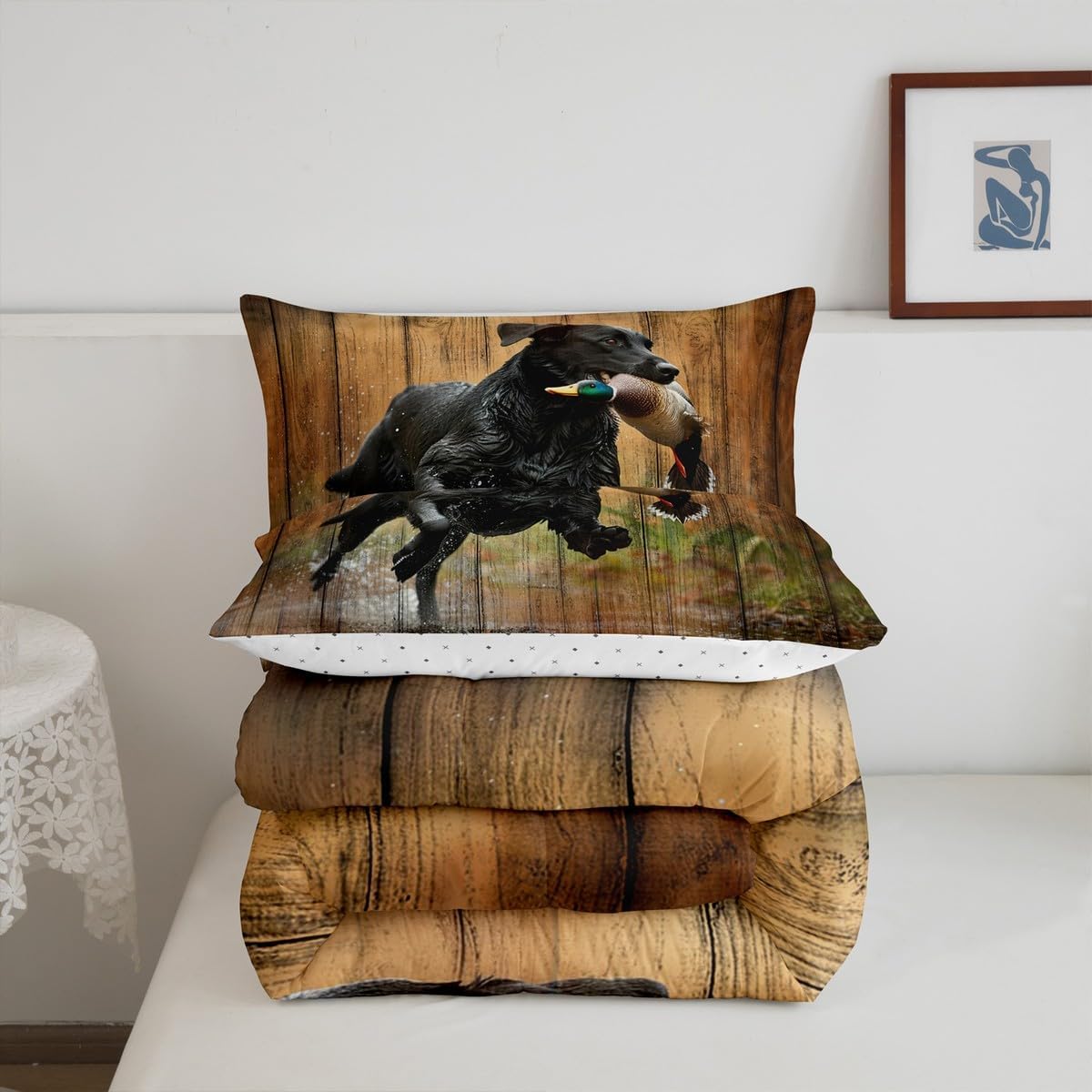 Feelyou Duck Hunting Bedding Set Twin Size Black Dog Mallard Duck Hunting Comforter Set for Kids Farmhouse Cabin Wood Comforter Women Men Home Decor Duvet Set,1 Comforter+ 1 Pillow Sham