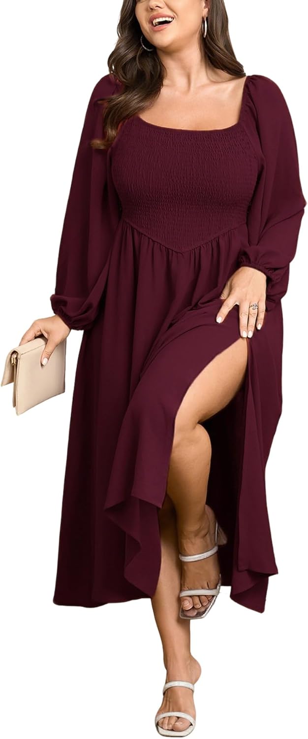 SCOMCHIC Women's Plus Size Fall Dresses Long Sleeve Square Neck Smocked Flowy A-Line Formal Wedding Guest Maxi Dress