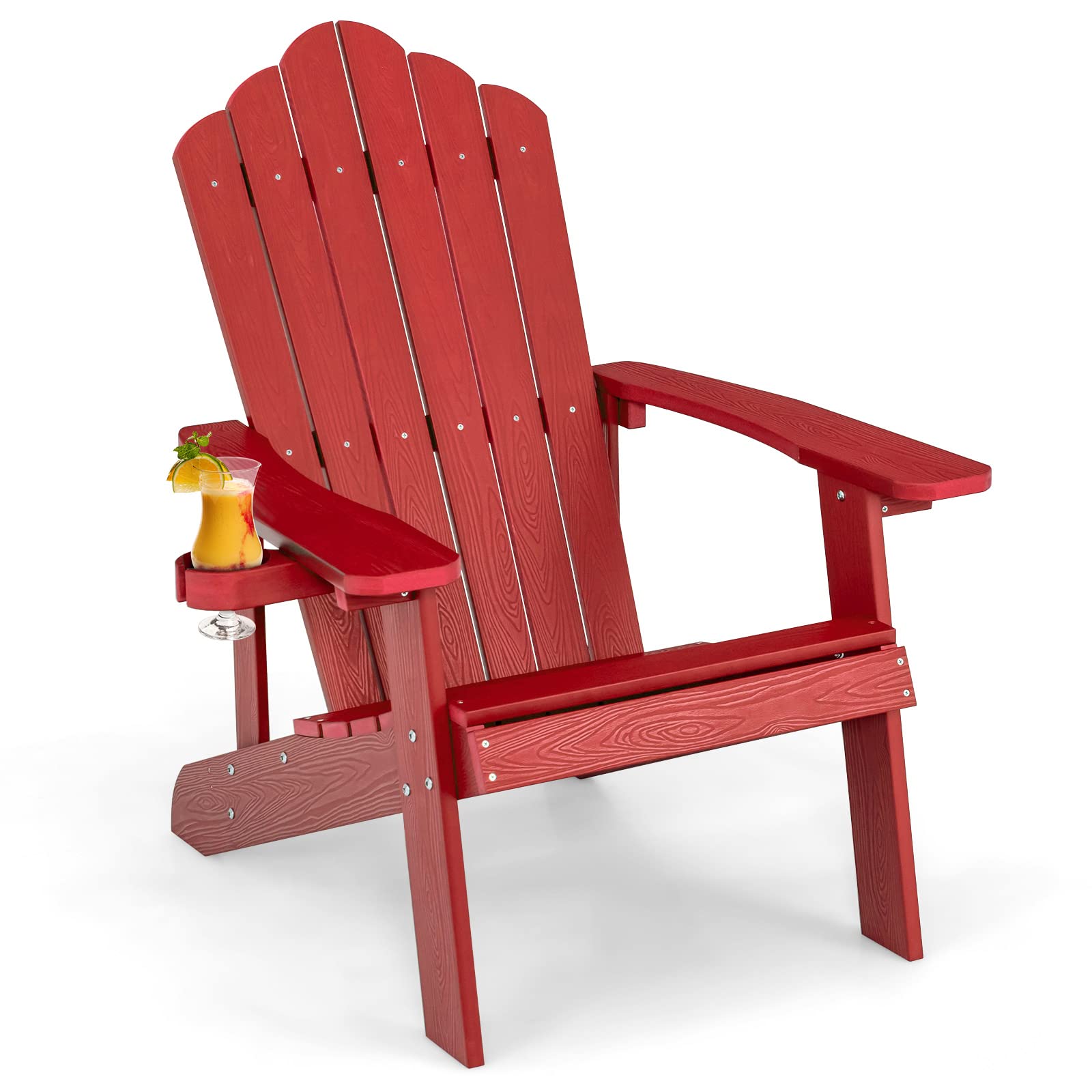 COSTWAY Adirondack Stuhl mit Getränkehalter, wetterfester Gartenstuhl, Gartensessel aus Kunststoff, Outdoor-Stuhl für Garten, Terrasse, 170 kg Tragfähigkeit (Rot)