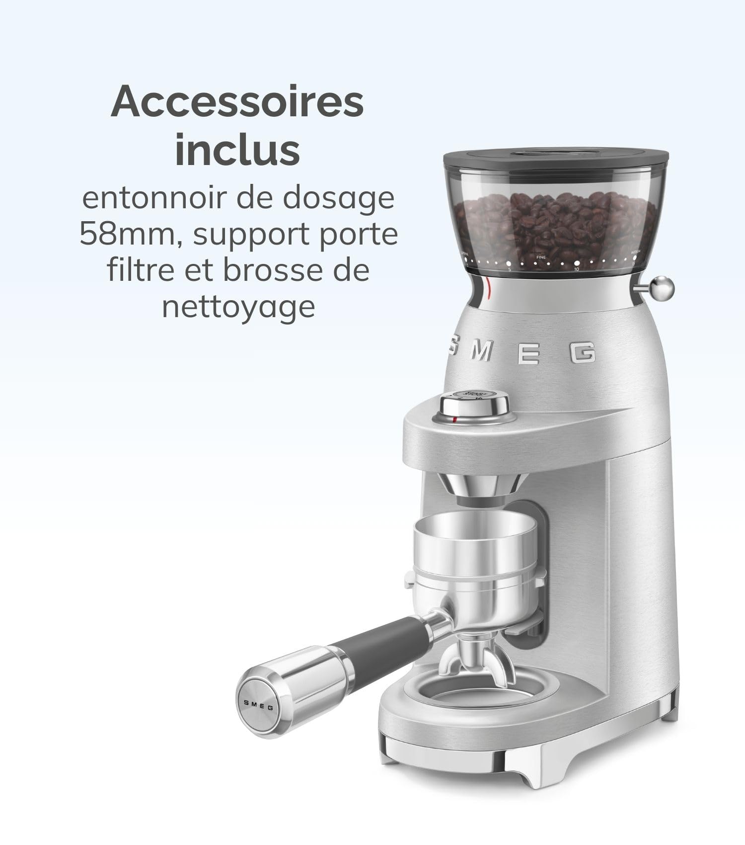 Smeg, Moulin à Café CGF02SSEU, Mouture Réglable, 50 Niveaux de Mouture, Réservoir à Grains de café 240g, Fonction Café Simple et Double, Système Antistatique, 150W, Aluminium Brossé