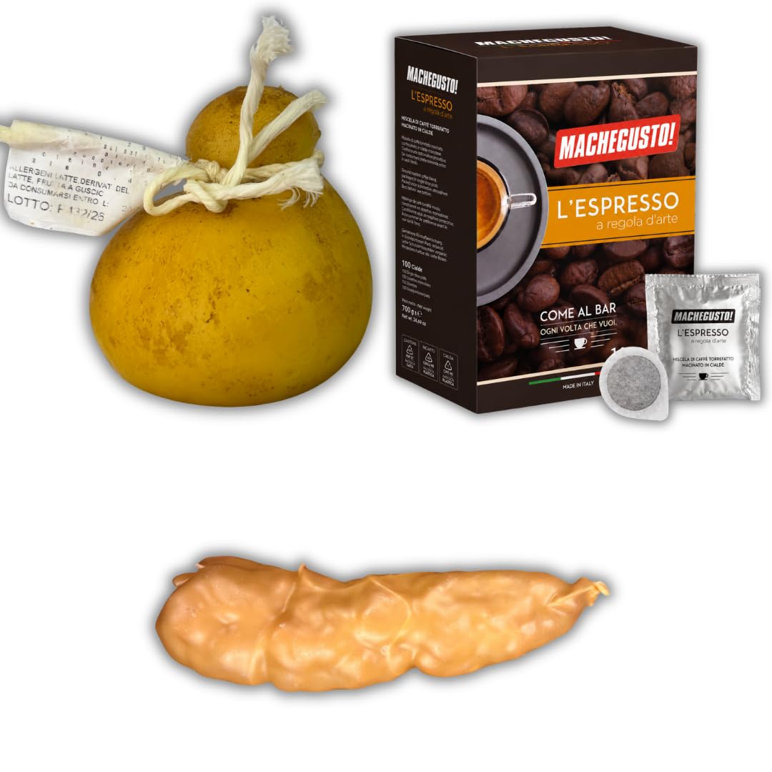 Machegusto! – Coffret Gourmand Italien : Salami Affiné en Cire d’Abeille 330g, Caciocavallo Fumé 700g & Café Machegusto (100 dosettes E.S.E. 44 mm) – Planche Offerte