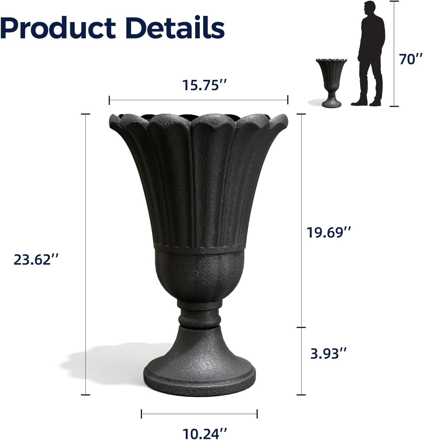 FONTOI 23" Tall Plastic Urn Planter (2-Pack) – Planters for Outdoor Plants with Drainage Holes & Petal Design, Heavy-Duty Classic Indoor Large Flower Pots for Home Garden, Front Porch & Decor, Black