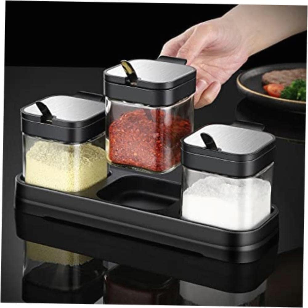 Salero Y Azucarero Cocina Conjunto De Contenedores Almacenamiento Especias, Caja Condimentos Transparente, Tarros Vidrio, Sal Y Azucarero Con Cuchara Caja De Almacenamiento