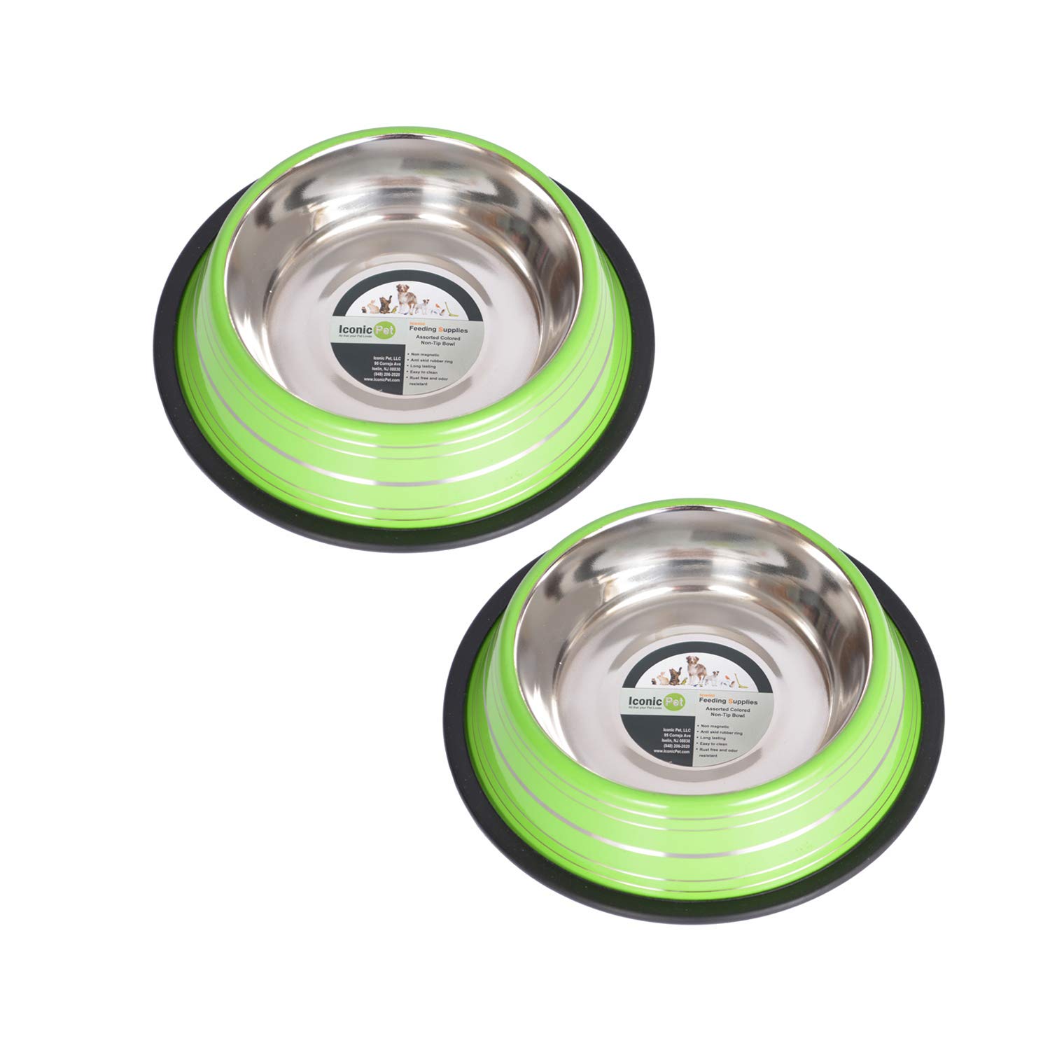 Iconic Pet 4 Cup/32 Oz Elegant Stainless Steel Color Splash Food/Water Bowl with Non Skid, Noise Free, Removable Rubber Ring - Dog/ Cat Feeding Bowl