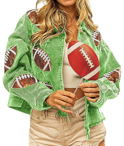 yoeasy Women's Corduroy Rugby Sequin Crop Jacket XL Green