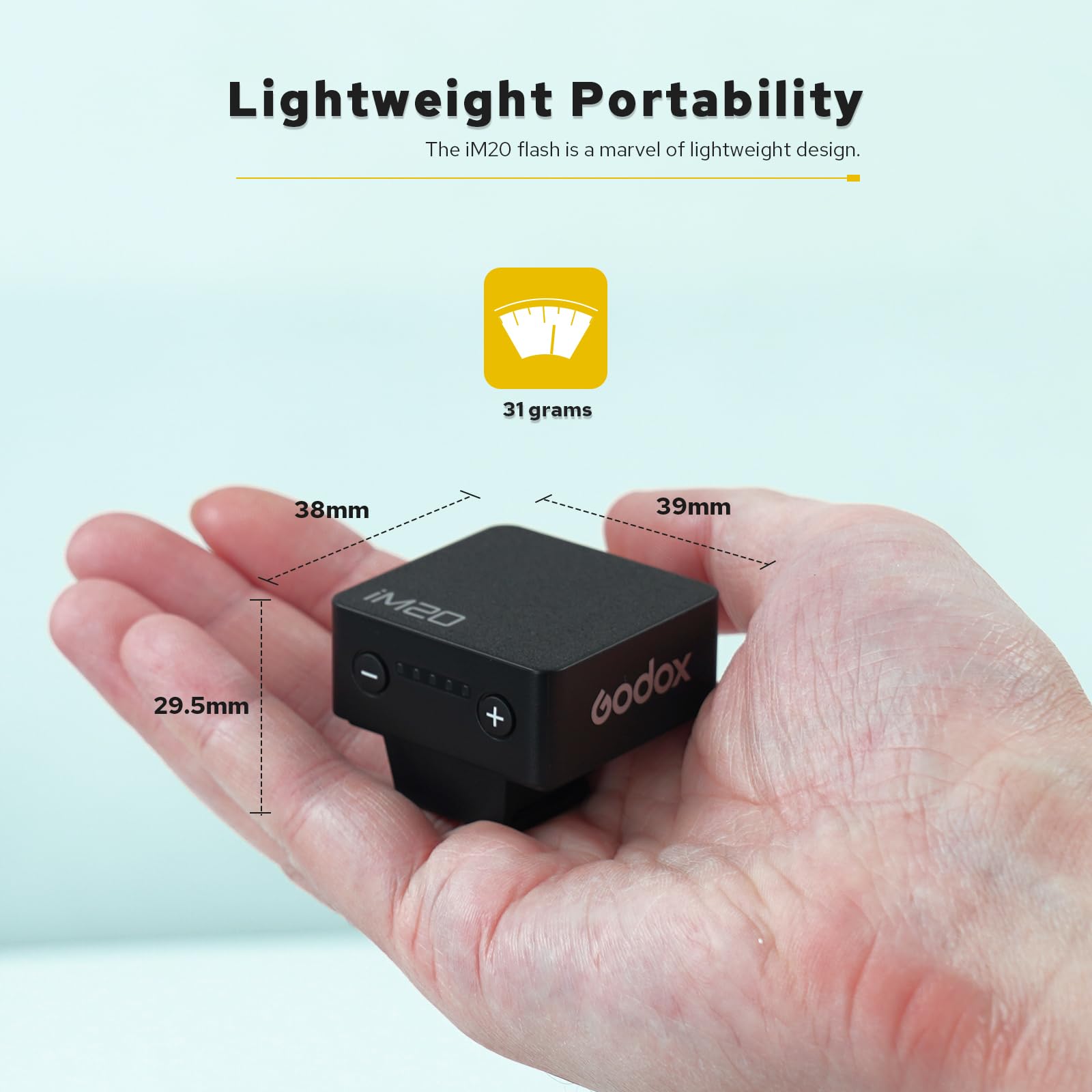 Godox iM20 Mini Flash, 3g Speedlite avec 5 Niveaux de Puissance, 400+ Fois Flashs avec Tepy-C Charge pour Appareil Photo Sony, Canon, Nikon, Fujifilm, Olympus, Panasonic