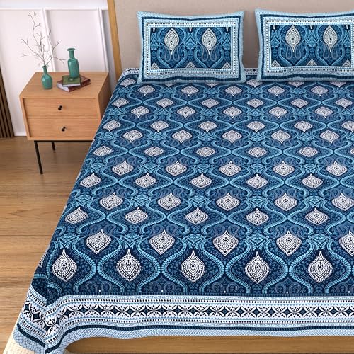 Image of India 100% Pure Cotton Jaipuri Printed Double Bedsheet with 2 Pillow Covers | Traditional Sanganeri Floral Design | Soft Breathable Fabric | King Size Bedsheet for Bedroom (Kaya41)