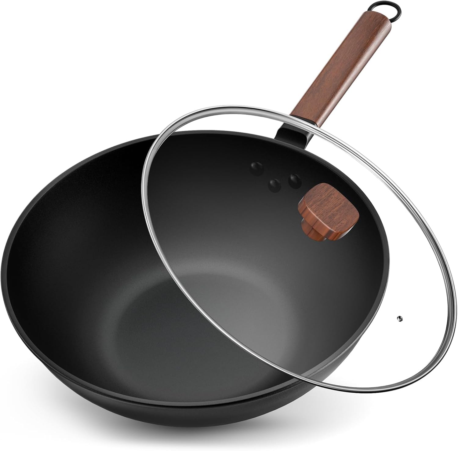BRAVECOW Patelnia wok 32 cm, dla 4-6 osób, drewniany uchwyt, powłoka nieprzywierająca, patelnia wok ze stali węglowej z pokrywką, do kuchenek indukcyjnych, gazowych, elektrycznych
