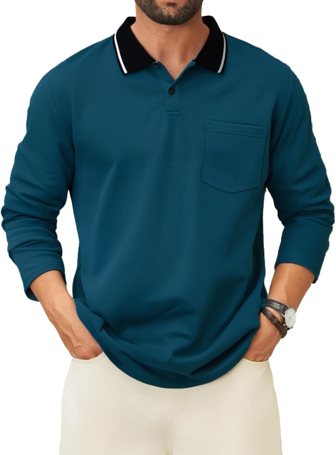 Men's Polo Shirts Long Sleeve Cotton Fashion Polos Tee Shirt Classic Basic Work Collared Shirt with Pocket