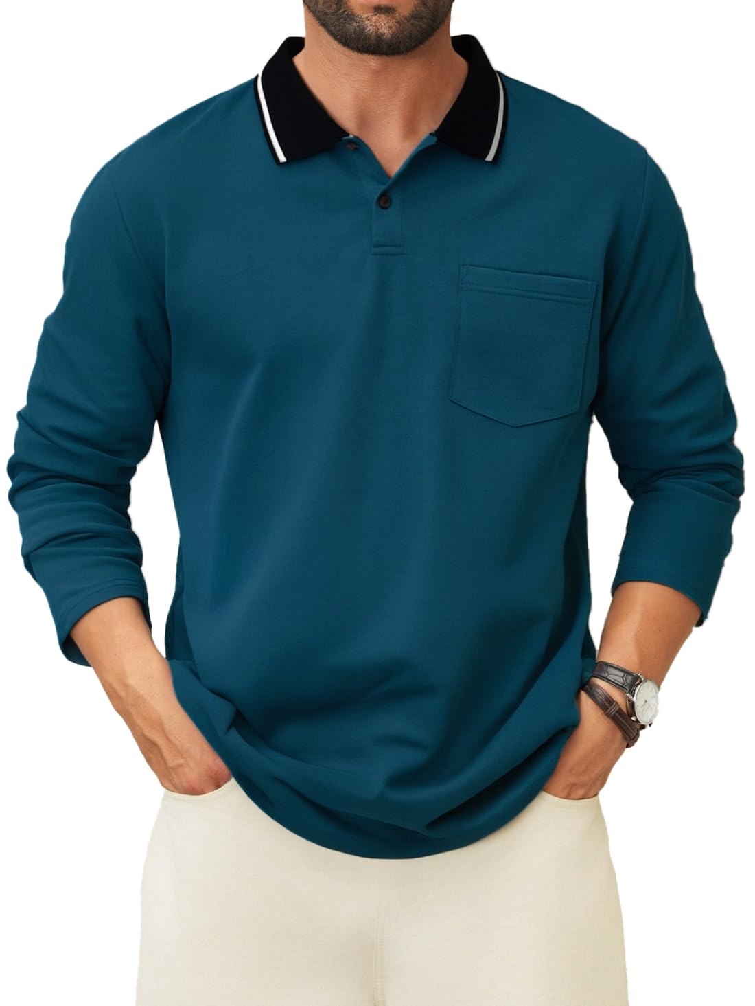 Photo 1 of LuxMania Men's Polo Shirts Long Sleeve Cotton Fashion Polos Tee Shirt Classic Basic Work Collared Shirt with Pocket Teal XL