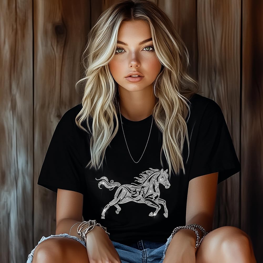 ANATTASOUL White Rhinestone Iron on Transfer Galloping Horse Bling Diamond Hotfix Patches for Clothes, Large Iron On Sequin Applique for Jeans Jacket Caps Bag T-Shirts Shoes DIY Decor