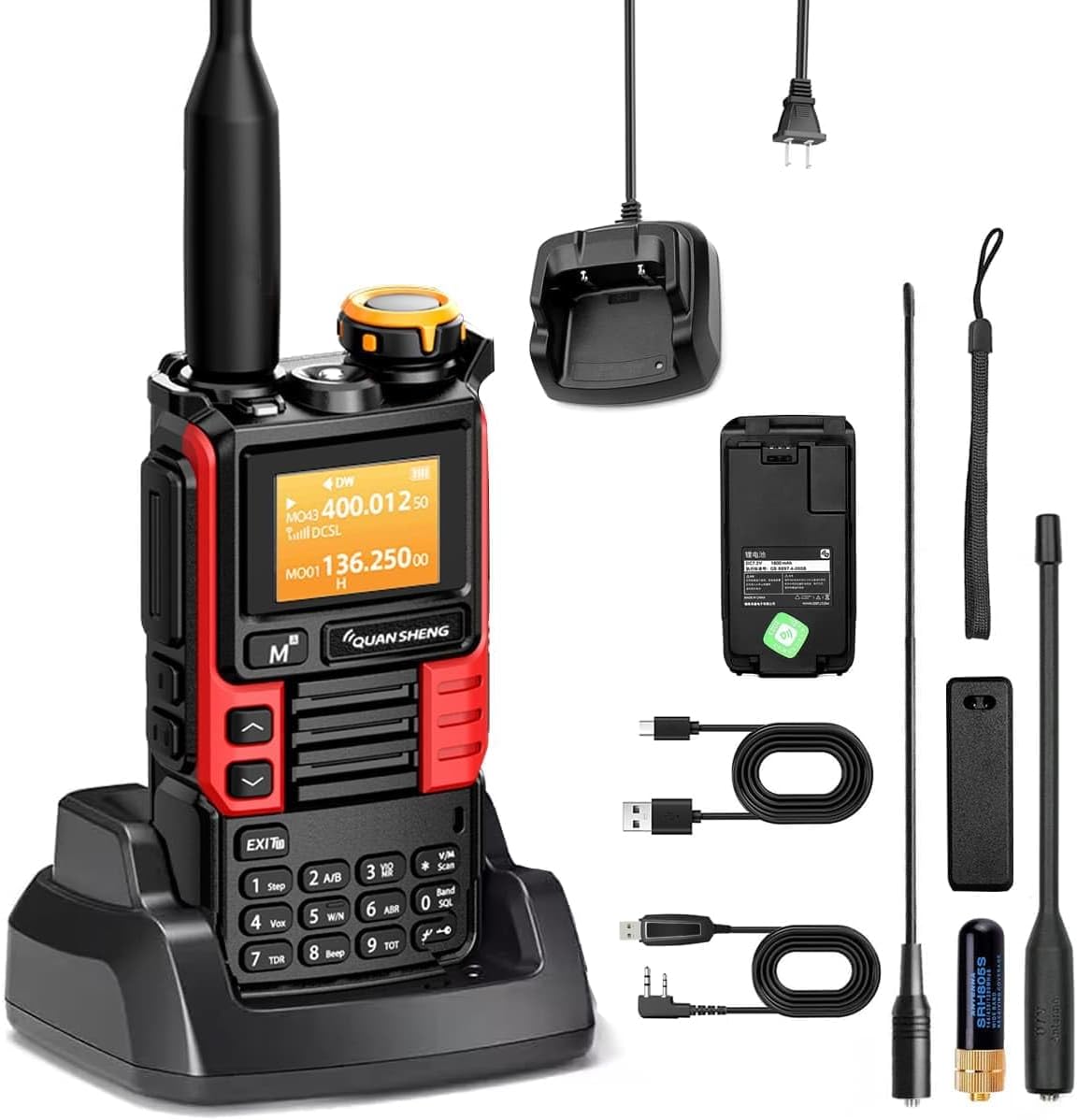 Quansheng UVK5(99) AM/FM/DTMF Walkie-Talkie 200CH 20-1000MHZ NOAA Weather Forecast with Flash Copy Frequency Type-C LCD Display for Hiking Camping Travel Two-Way Radio (RED-1)