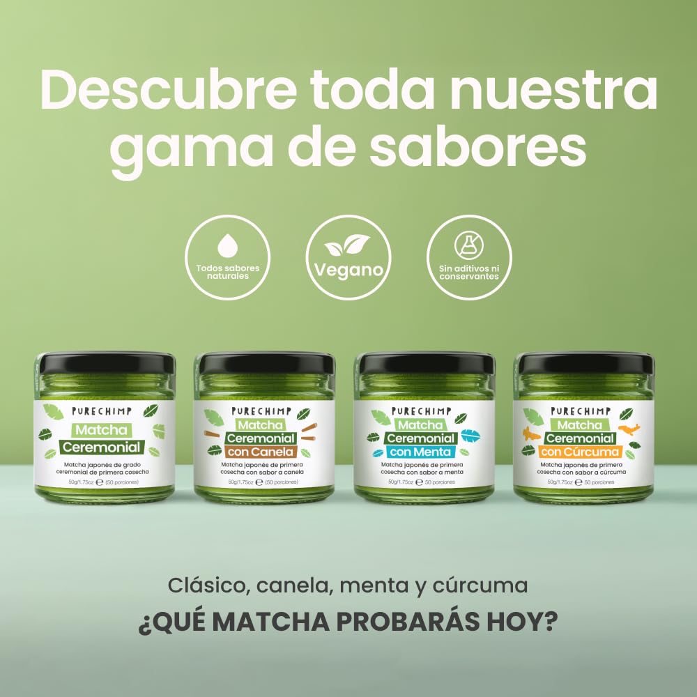 PureChimp Polvo de Matcha Ceremonial Sabor Cúrcuma 50g. 100% Té Verde Puro con Cúrcuma, Canela y Jengibre. Cultivado a la Sombra para Latte y Recetas. Tarro de Vidrio Reciclable. Rico en Antioxidantes