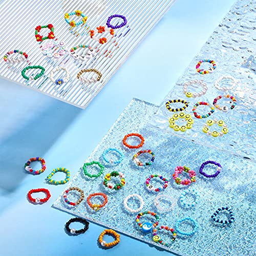 40 Pieces Flower Beads Rings Rainbow Colorful Rice Bead Rings Cute Handmade Smile Beaded Rings Colorful Jewelry Rings For Girls And Women #TOP3