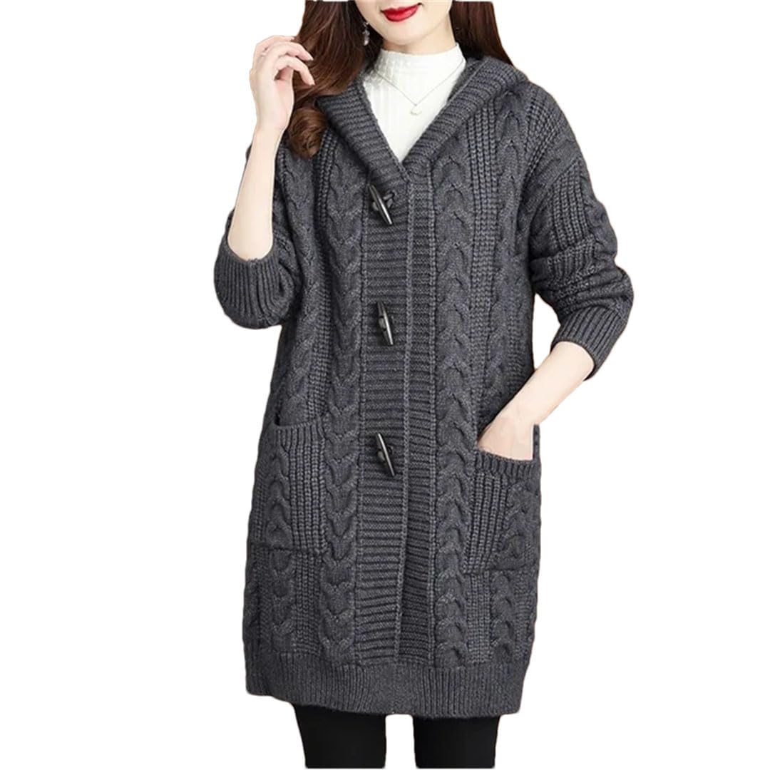 Damen Herbst und Winter Strickjacke Verdickter Pullover Große Größe Kapuzenstrickjacke