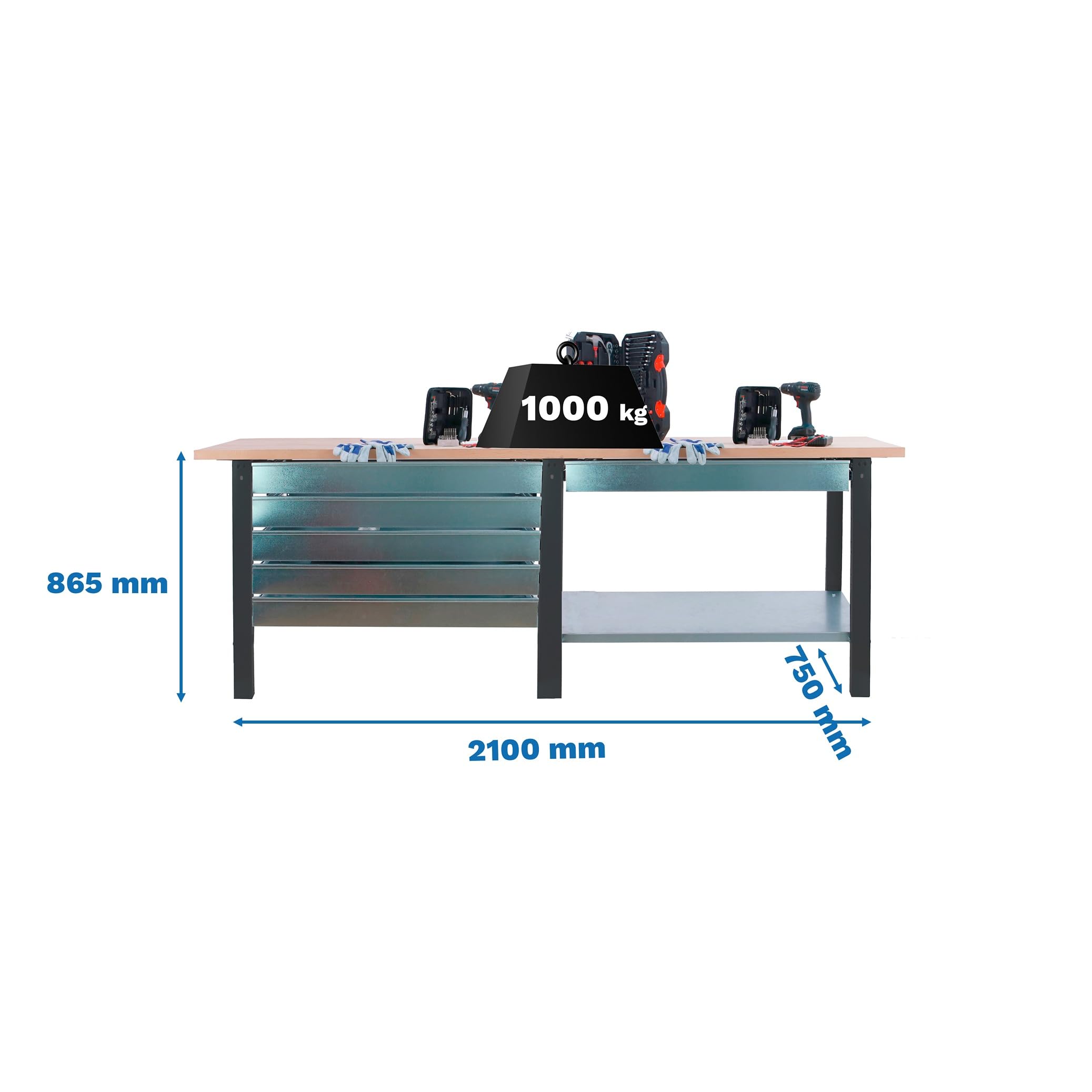 SimonRack Banco de Trabajo Taller Doble, Capacidad Carga 1000 kg, 865x2100x750 mm, 6 Cajones, Mesa de Trabajo, Antracita/Haya - BT6 PRO