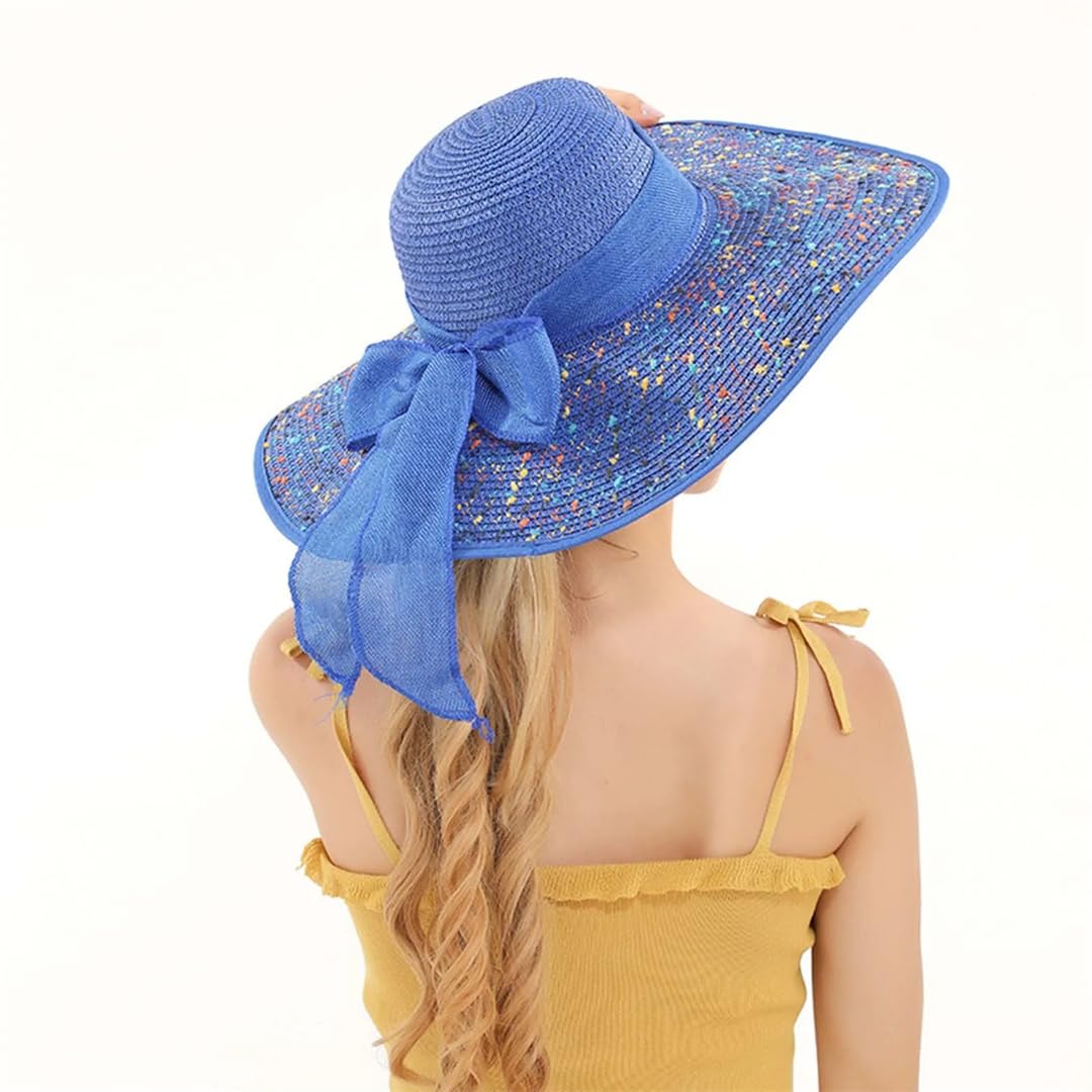 Yeuyyben Cappello estivo da donna con visiere pieghevoli, cappello da sole a tesa larga, cappello da spiaggia con fiocco, cappello di paglia da viaggio, B-bianco, Taglia unica