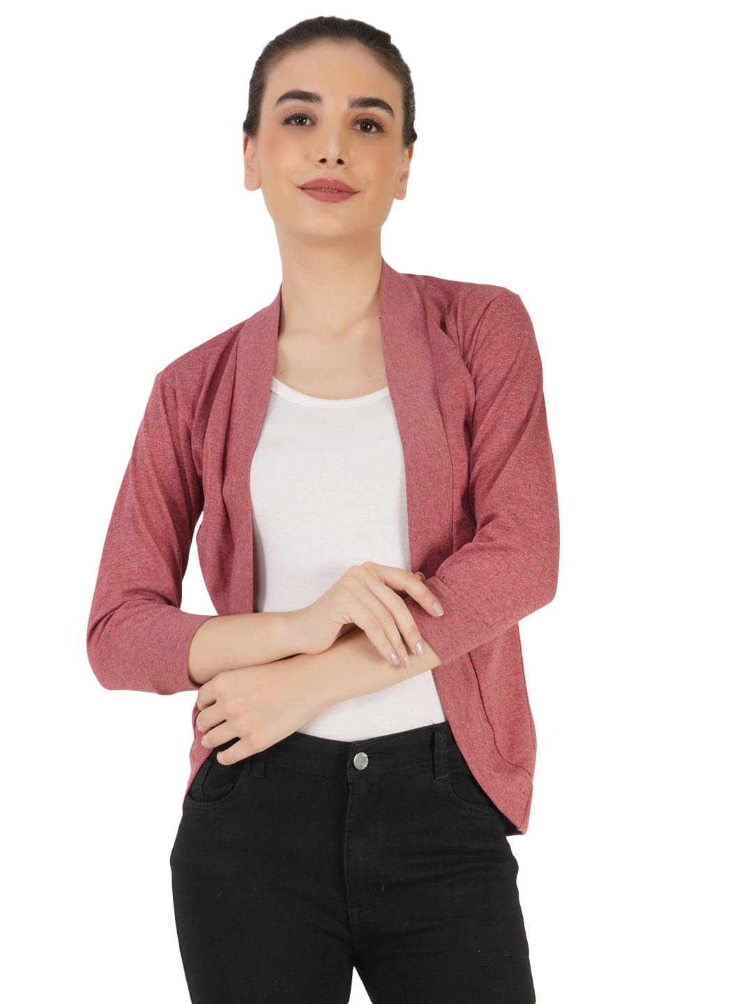 teemoods Women's Cotton 3/4th Sleeves Jacket Poncho, Summer Shrug for Ladies-Red Melange, L-picture-14