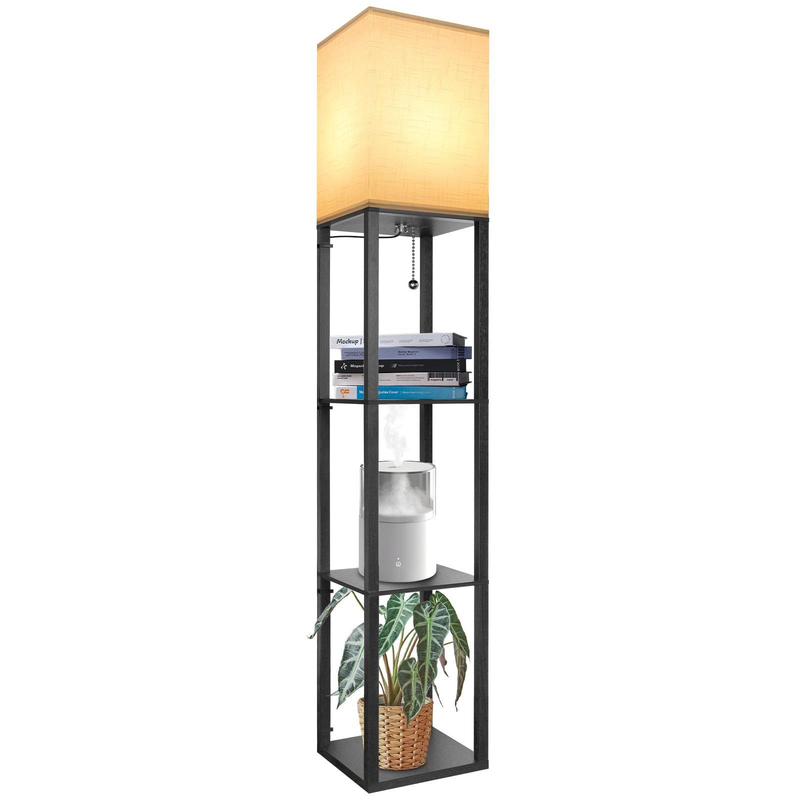 KIAMPON Lámpara de pie con Estante de Madera, 1.6 M Floor Luce Negra Salón con Bombilla E27 y Pantalla, Iluminación Interior Moderna, Luz de pie 3 Temperaturas de Color para Dormitorio Oficina
