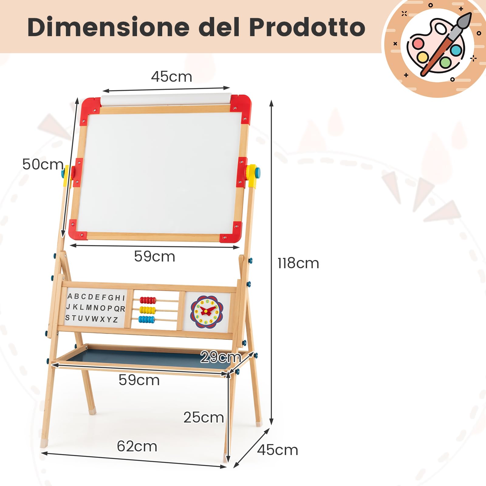 GYMAX Cavalletto Artistico in Legno per Bambini, Cavalletto per Pittura Bifacciale 3 in 1 con Lavagna, Lavagna Magnetica Girevole a 360°, Lettere Magnetiche, Abaco e Gomma, 62 x 45 x 118 cm