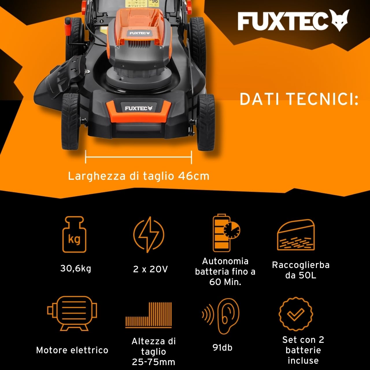 FUXTEC Tagliaerba a batteria 40V (2x20V) E2RM46 semovente, Mulching e Scarico Laterale - Set Batterie 2x4Ah e Caricabatterie - Larghezza di Taglio 46cm, 50L, Altezza di Taglio 25-75mm