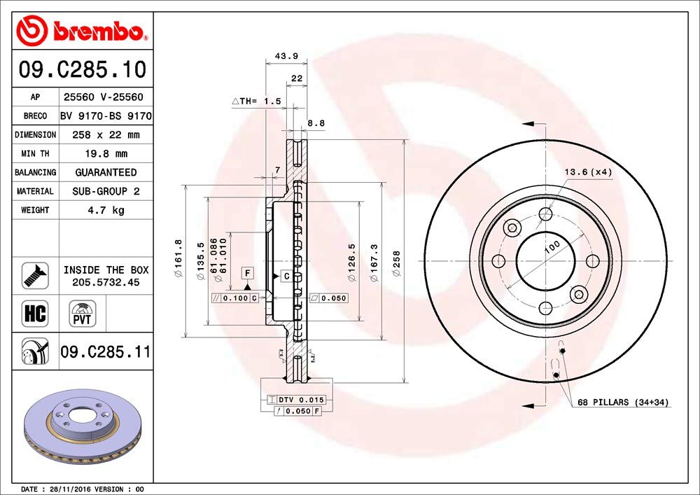 BREMBO 09.C285.11 Rotor de Disque de Frein