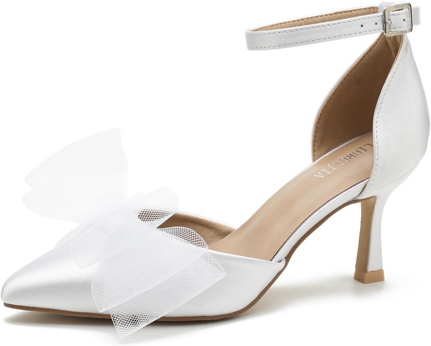 Women's Closed Toe Bow Heels Ankle Strap Pointed Toe Satin Low Heel Pumps Comfortable Wedding Bridal Party Prom Dress Shoes