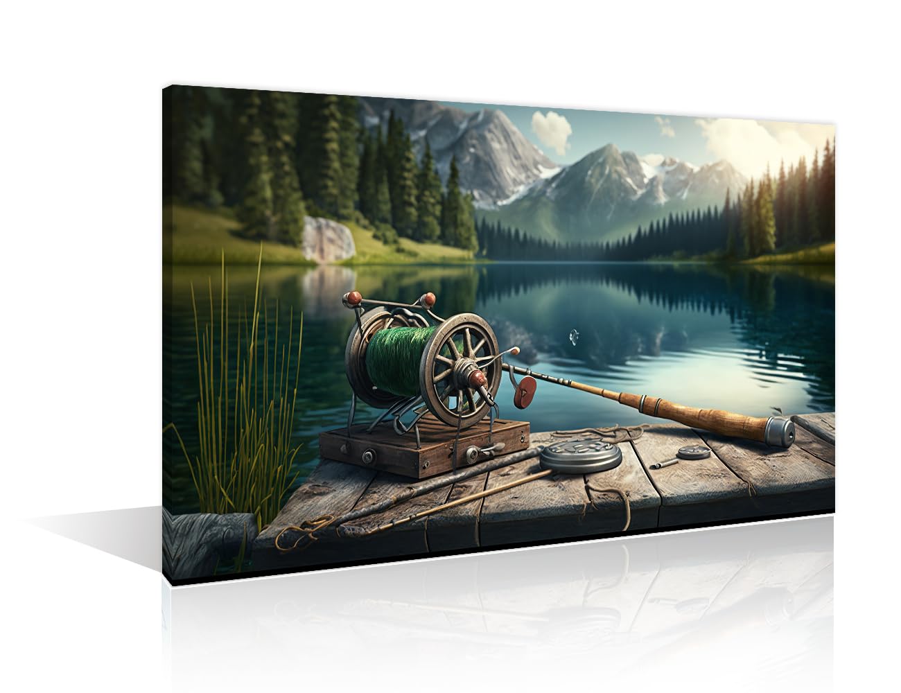 TISHIRON 1 Pieces Fishing Wall Art Fishing Tackle Wall Decor Lake Fishing Canvas Prints Pictures Fishing Rod and Reel Modern Living Room Bedroom Office Home Decor Artwork 16" Wx24 H