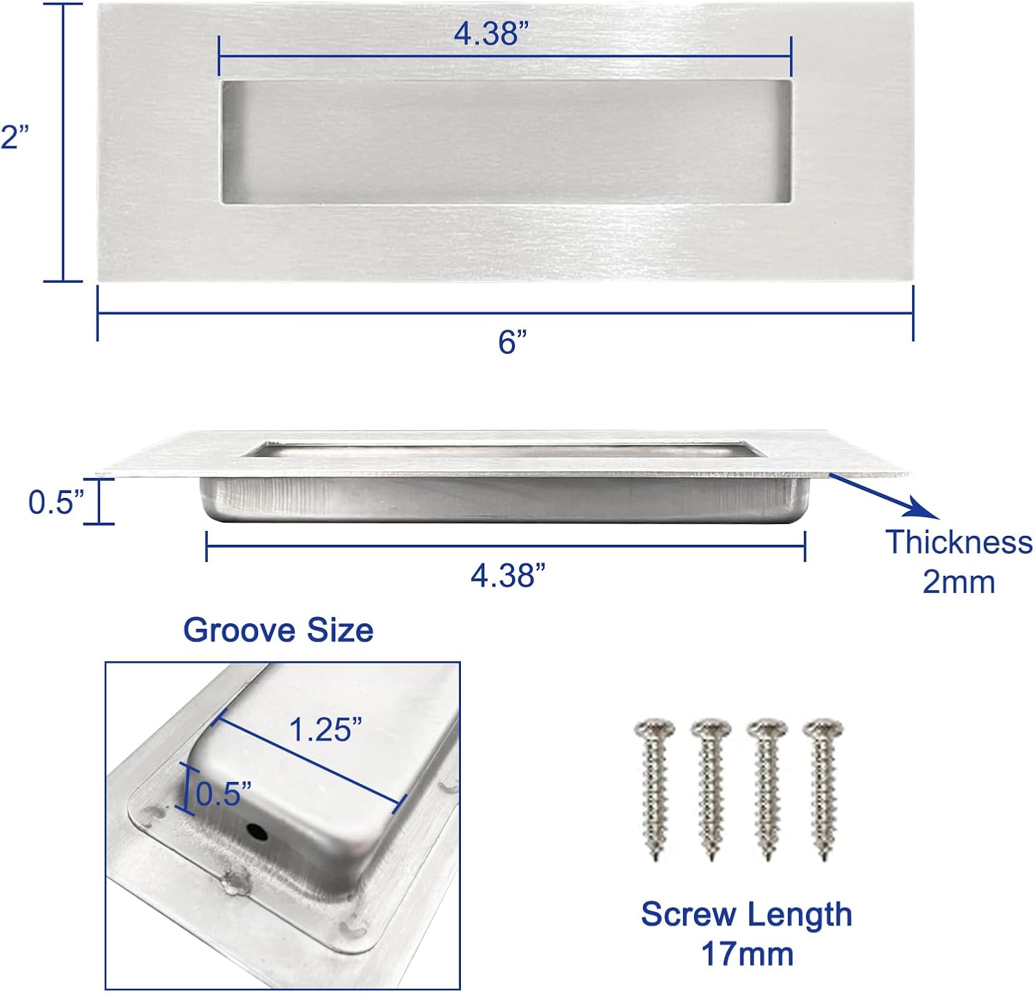 Hadnles Recessed Finger Flush Pulls - Fit Wardrobe, Pocket, Sliding Barn, Bifold Doors & More - Stainless Steel Brushed Rectangular Door Pull Hardware (6 INCH, Silver - 4 Pack)