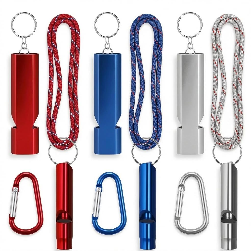 Emergency Safety Whistle Kit with 6 Aluminum Survival Whistles, Paracord Lanyards and Carabiners for Camping Hiking Boating Hunting, Loud 120dB Rescue Signaling Whistles for Outdoor Survival Gear