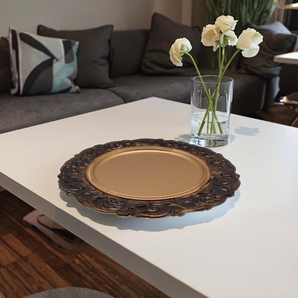 Xiangjin 12-piece antique-style round charging plates, plastic dinner decorative plates with embossed floral design, suitable for wedding, birthday party, and other event table decorations