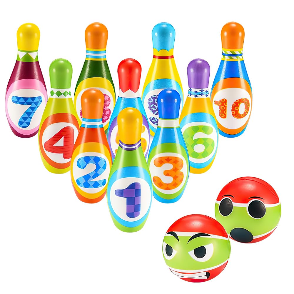 Fivtsme Juego de bolos para niños, juego de bolos para niños, juego de bolos para niños, juego de bolos para niños con 10 conos y 2 bolas, juguete Montessori regalo de cumpleaños para niños de 2 años