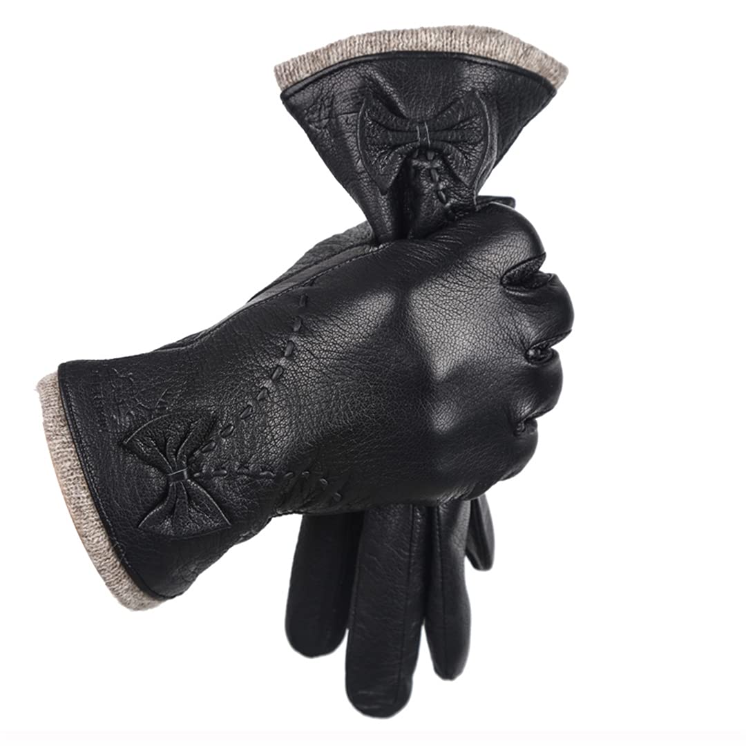 Guanti in pelle invernale per donna Guanti in pelle Guanti da guida antivento per esterni con fodera calda Black 8
