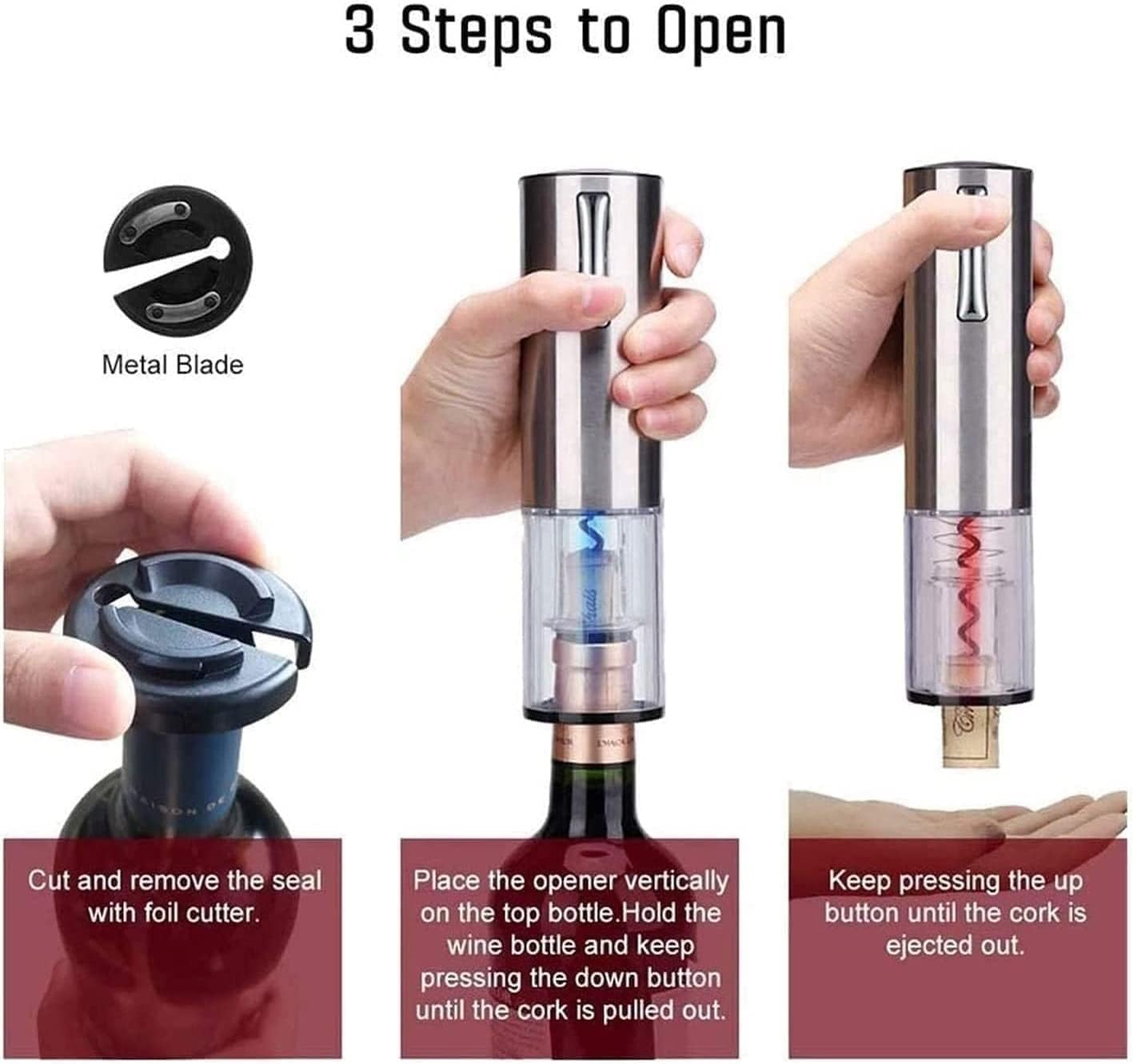 Electric Wine Opener Foil Cutter - Stainless Steel Automatic Wine Bottle Opener - Rechargeable Electric Wine Bottle Opener - Wine Opener Electric Corkscrew Opener