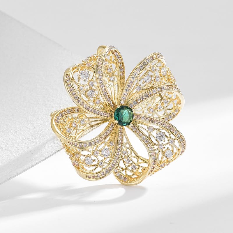 Image of Gold Brooches for Women Ladies Yellow Broach Flower Bow Rhinestone Lapel Pins Blazer Dress Denim Jacket Accessories