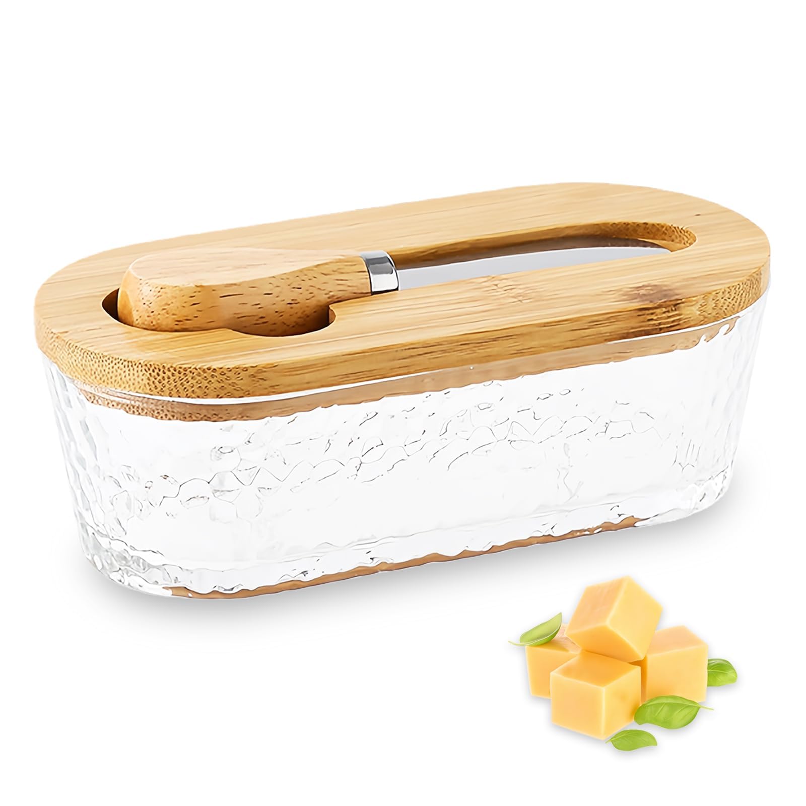 Hammered Glass Butter Dish with Wooden Lid, Oval Butter Keeper