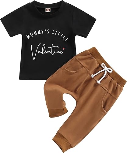 Conjunto de 2 piezas de ropa de bebé para el día de San Valentín con estampado de corazón y letras de manga corta